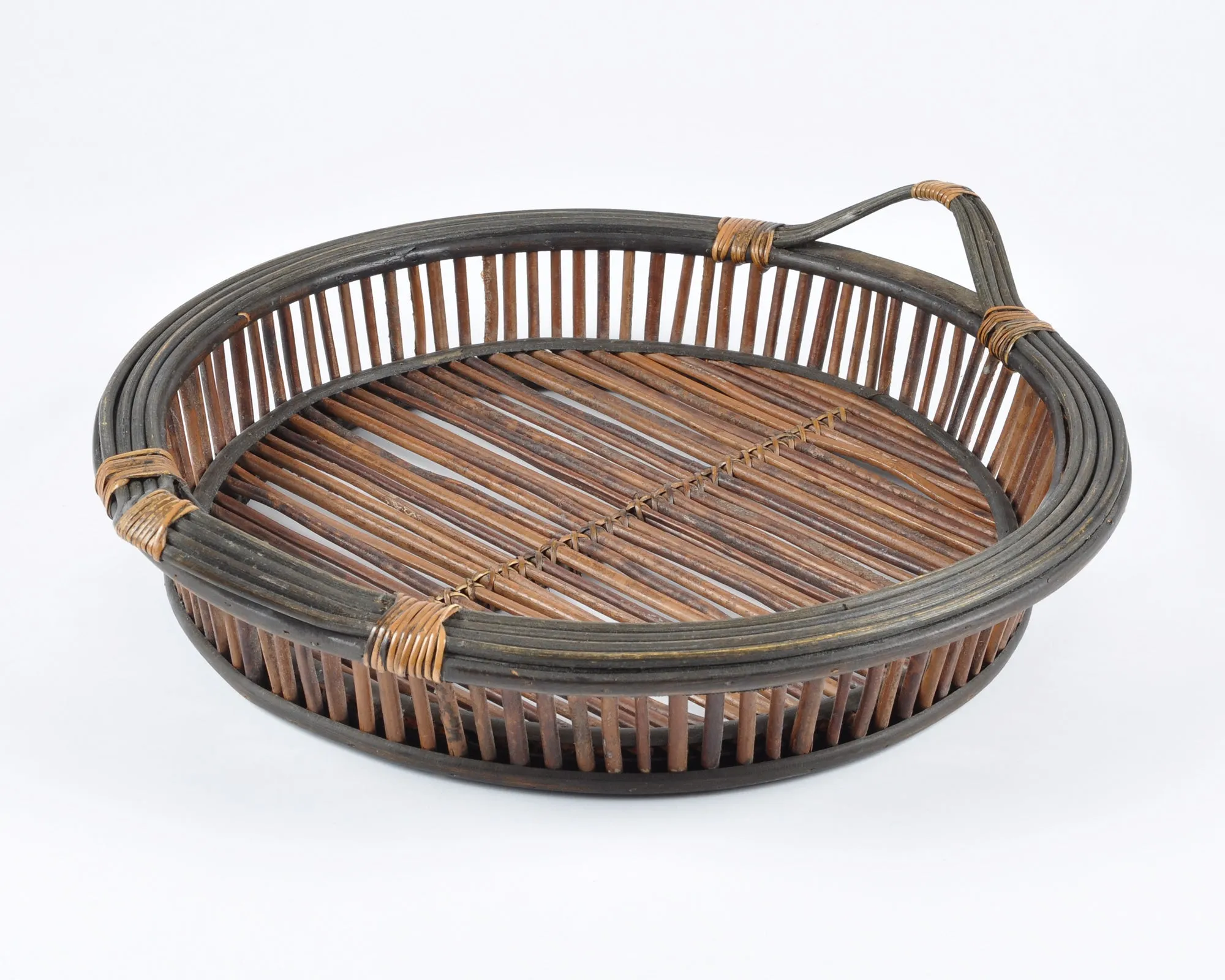Vintage Woven Basket Tray with Two Handles-Large Storage Basket-Two Tone Wrapped Detail