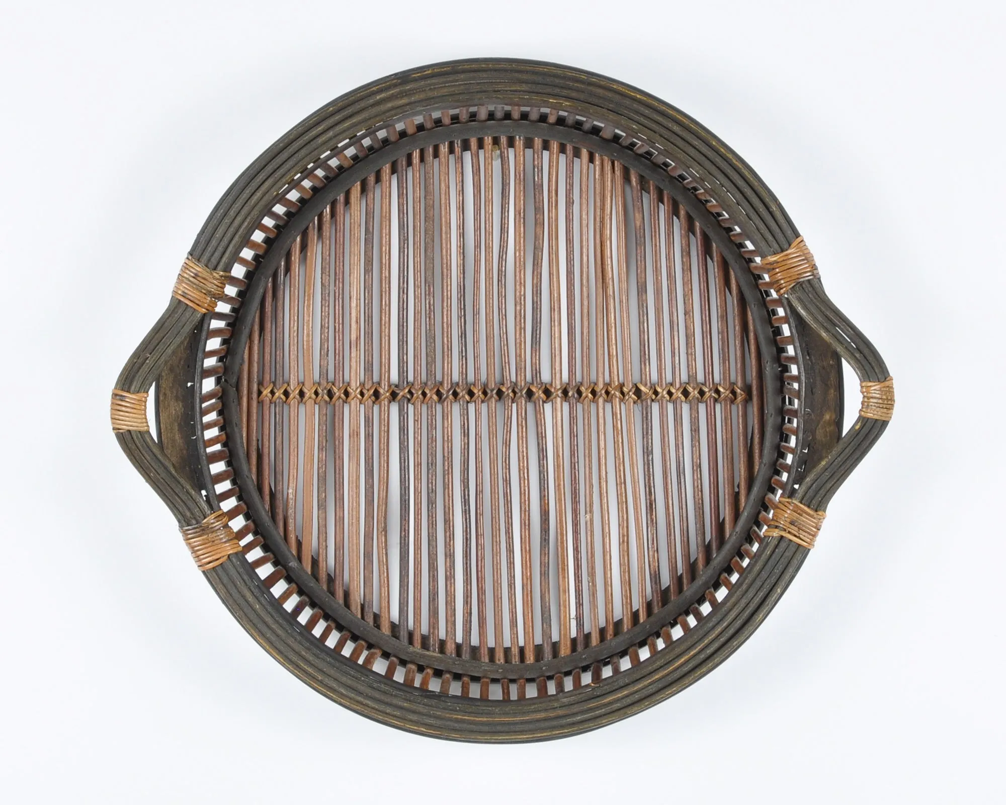 Vintage Woven Basket Tray with Two Handles-Large Storage Basket-Two Tone Wrapped Detail