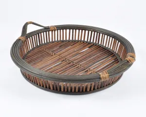 Vintage Woven Basket Tray with Two Handles-Large Storage Basket-Two Tone Wrapped Detail