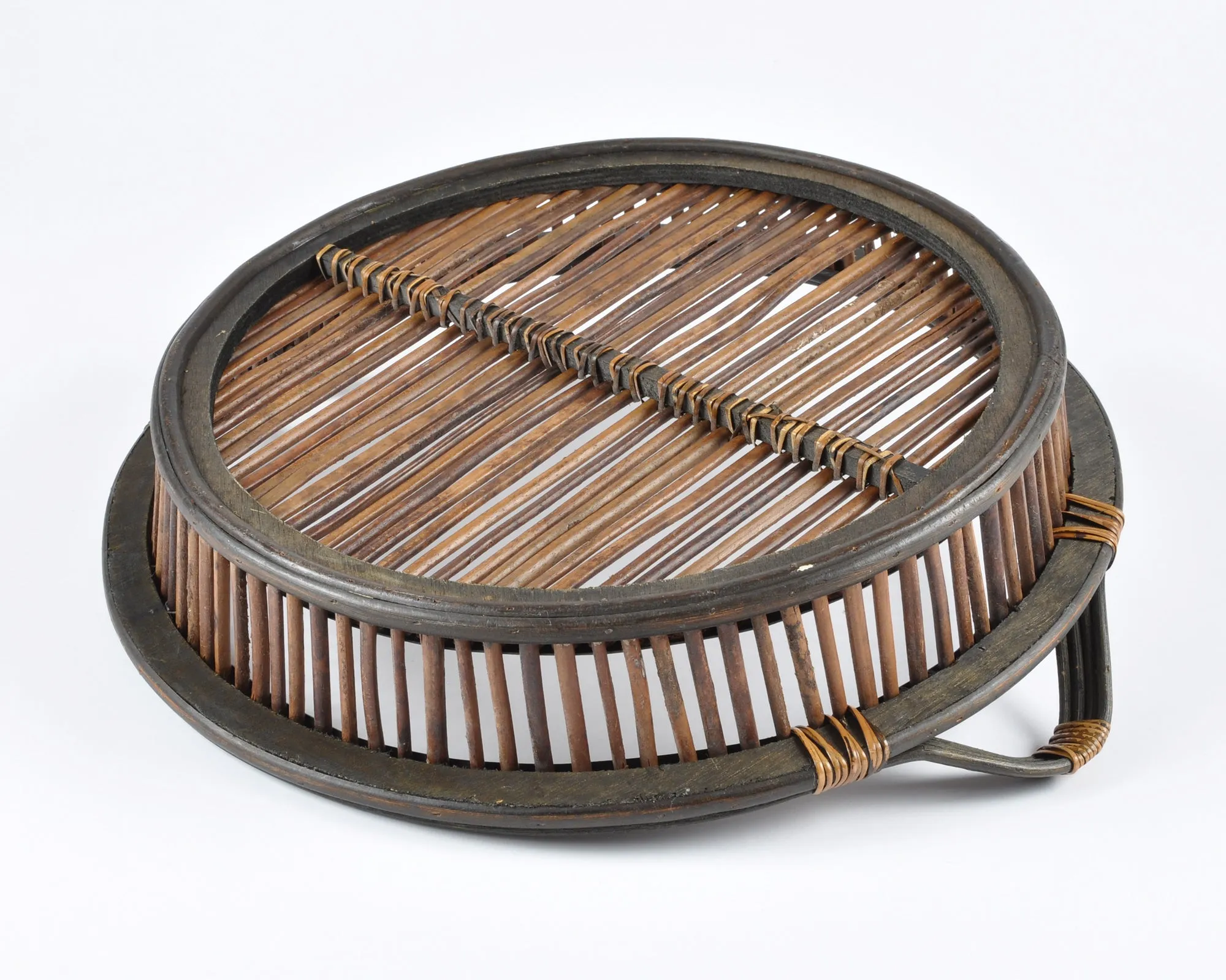 Vintage Woven Basket Tray with Two Handles-Large Storage Basket-Two Tone Wrapped Detail