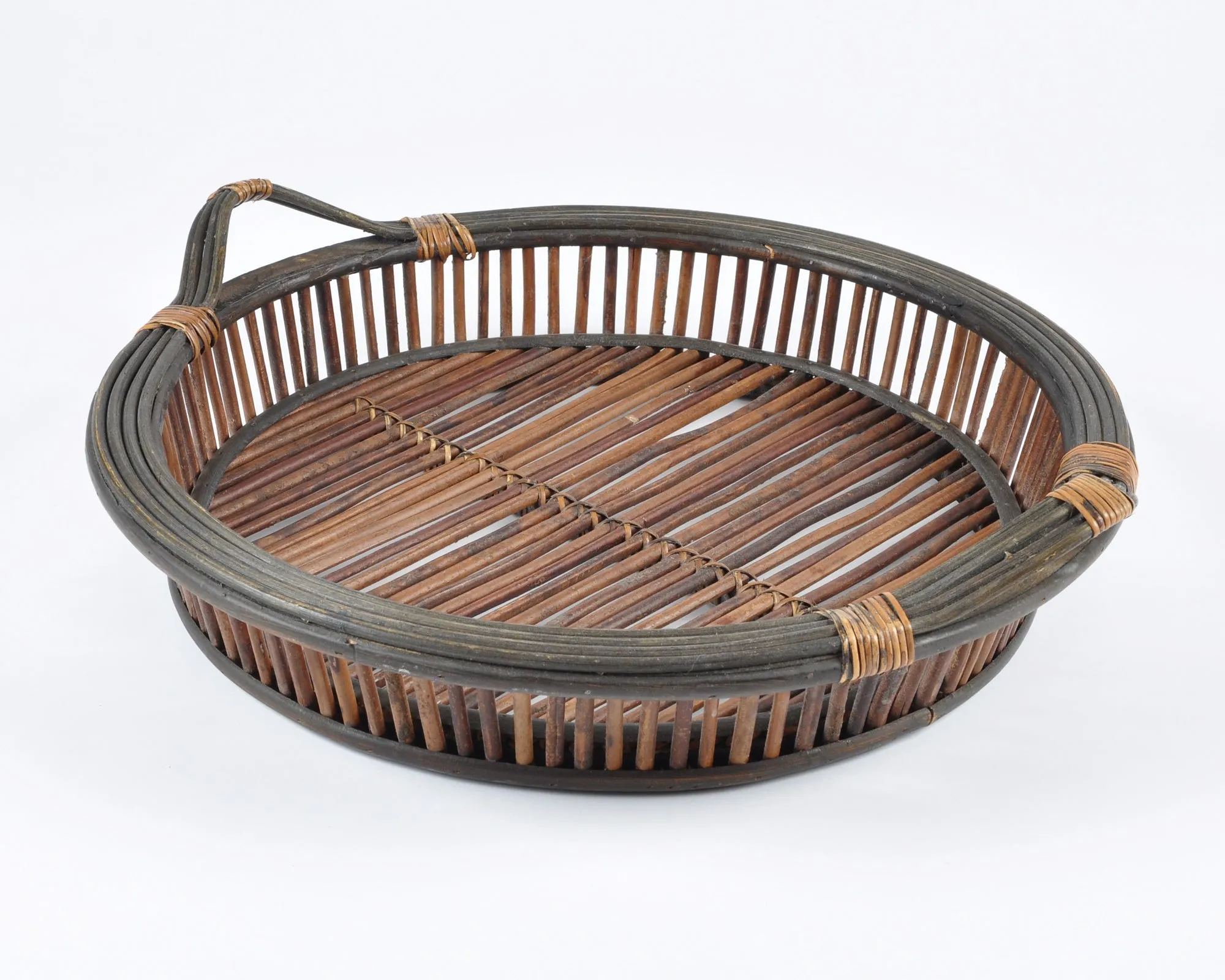 Vintage Woven Basket Tray with Two Handles-Large Storage Basket-Two Tone Wrapped Detail