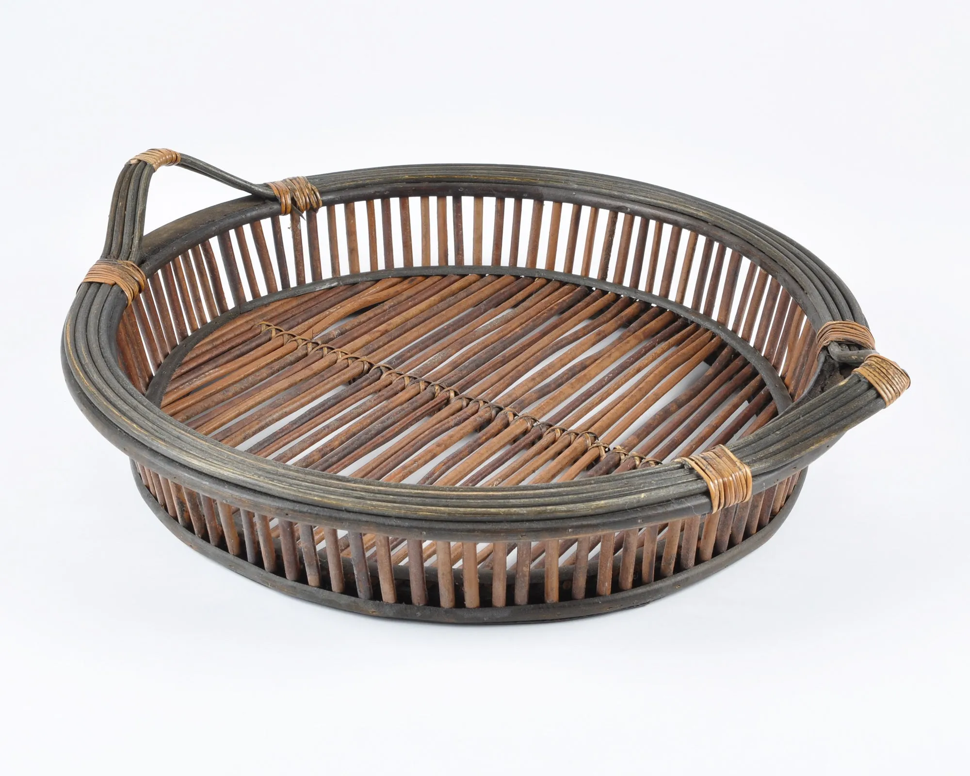 Vintage Woven Basket Tray with Two Handles-Large Storage Basket-Two Tone Wrapped Detail
