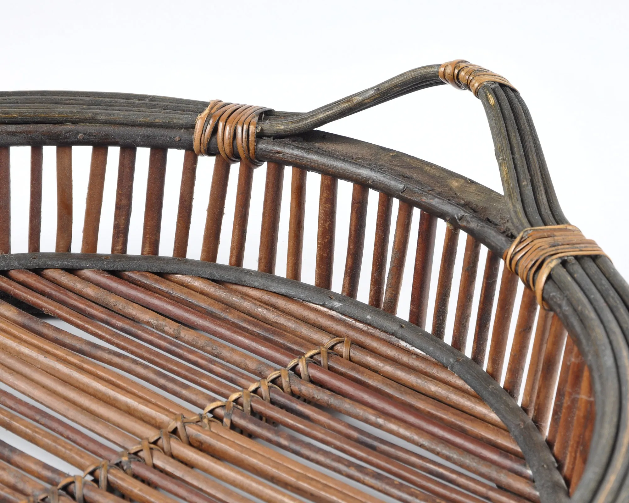 Vintage Woven Basket Tray with Two Handles-Large Storage Basket-Two Tone Wrapped Detail