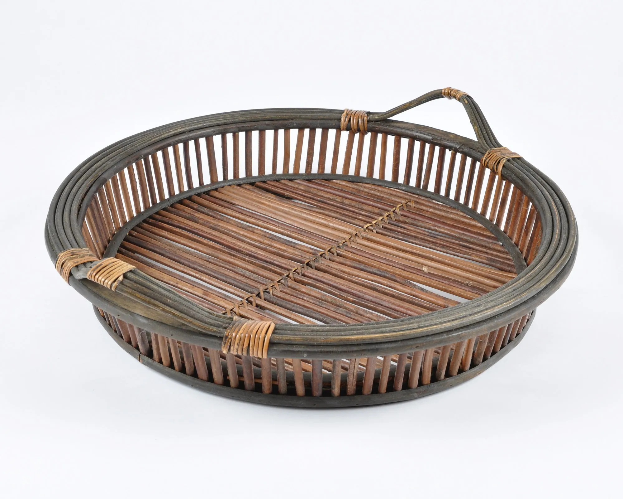 Vintage Woven Basket Tray with Two Handles-Large Storage Basket-Two Tone Wrapped Detail